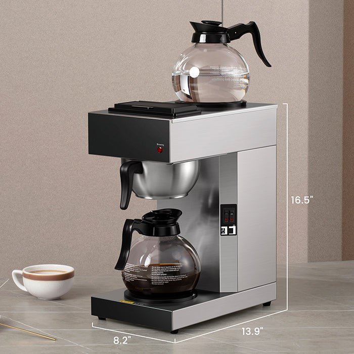 SYBO RUG2001 Commercial Grade Pourover Brewer Coffee Maker Machine with  Kettle Warmer and 2 Glass Decanters, 12-Cup Capacity, Silver 